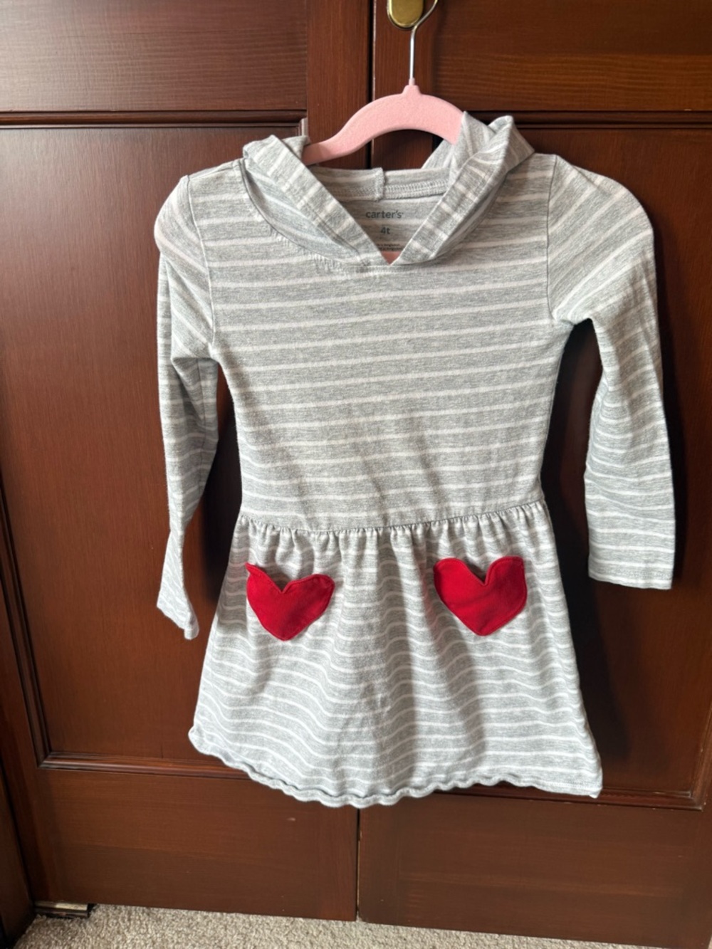 Carter's Gray & White Striped Hooded Dress with Red Heart Pockets